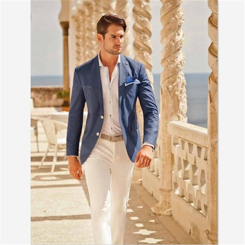 Mens Suits (Jacket+Pants) Casual Designer Summer Beach Wedding Blue Blazer White Pants 2 Pieces Street Prom Best M